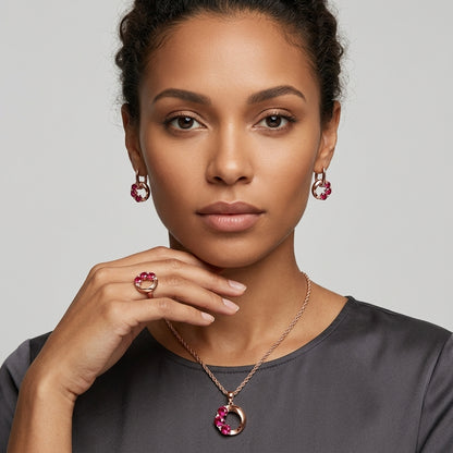Schmuckset Roter Zirkon Rund Roségold – Ring, Ohrringe & Kette