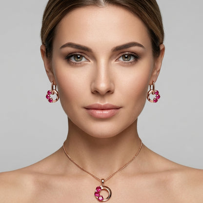 Schmuckset Roter Zirkon Rund Roségold – Ring, Ohrringe & Kette