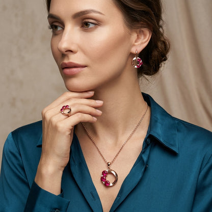 Schmuckset Roter Zirkon Rund Roségold – Ring, Ohrringe & Kette
