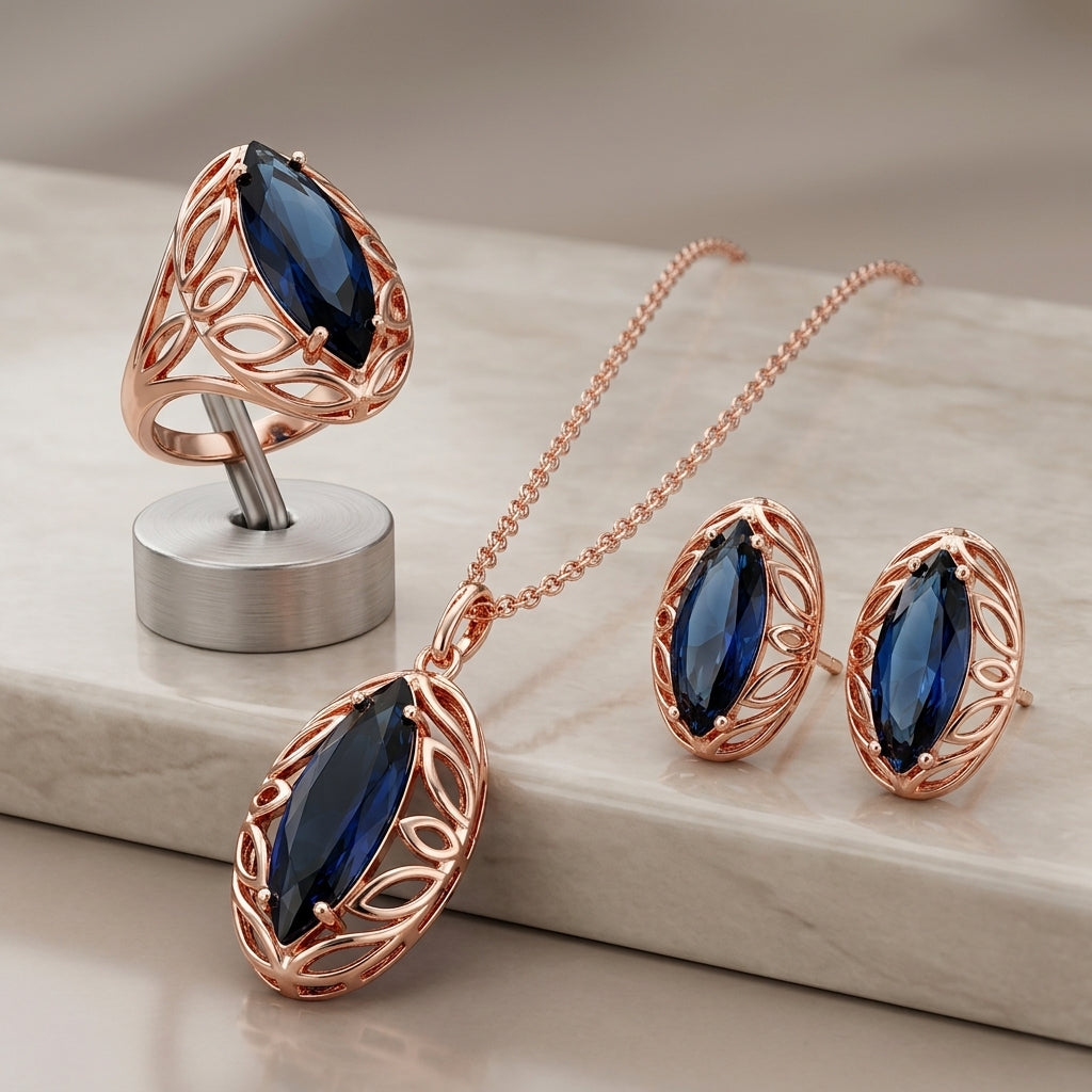 Schmuckset Blauer Zirkon Rhombus Roségold – Ring, Ohrringe & Kette