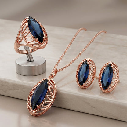 Schmuckset Blauer Zirkon Rhombus Roségold