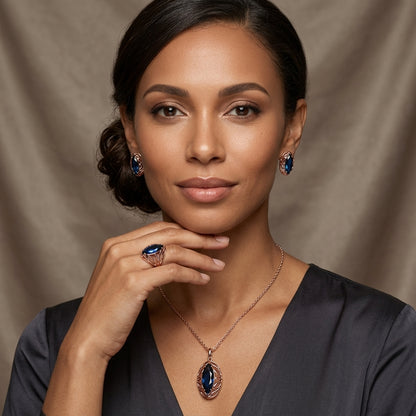 Schmuckset Blauer Zirkon Rhombus Roségold – Ring, Ohrringe & Kette