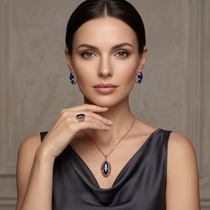 Schmuckset Blauer Zirkon Rhombus Roségold – Ring, Ohrringe & Kette