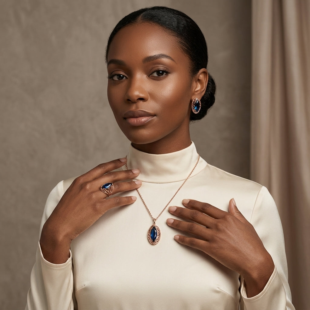 Schmuckset Blauer Zirkon Rhombus Roségold – Ring, Ohrringe & Kette