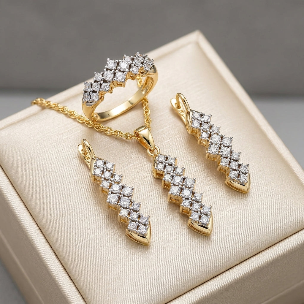 Parure Zircon Vintage Plaqué Or 14K – Bague, Boucles & Collier