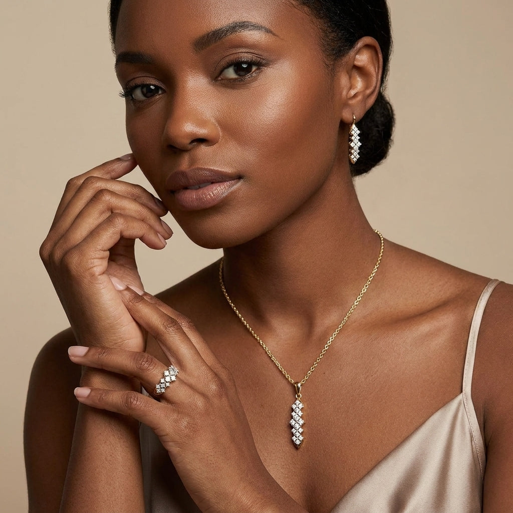 Parure Zircon Vintage Plaqué Or 14K – Bague, Boucles & Collier