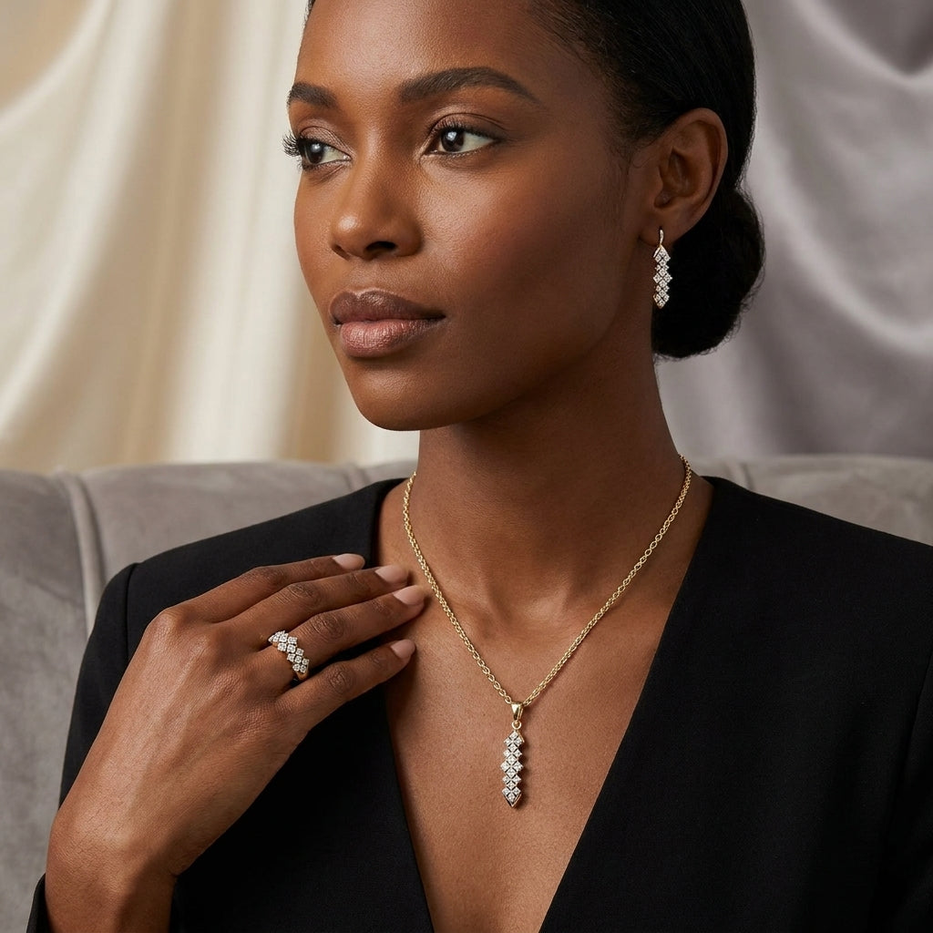 Parure Zircon Vintage Plaqué Or 14K – Bague, Boucles & Collier