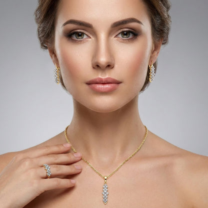Parure Zircon Vintage Plaqué Or 14K – Bague, Boucles & Collier