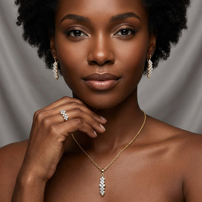 Parure Zircon Vintage Plaqué Or 14K – Bague, Boucles & Collier