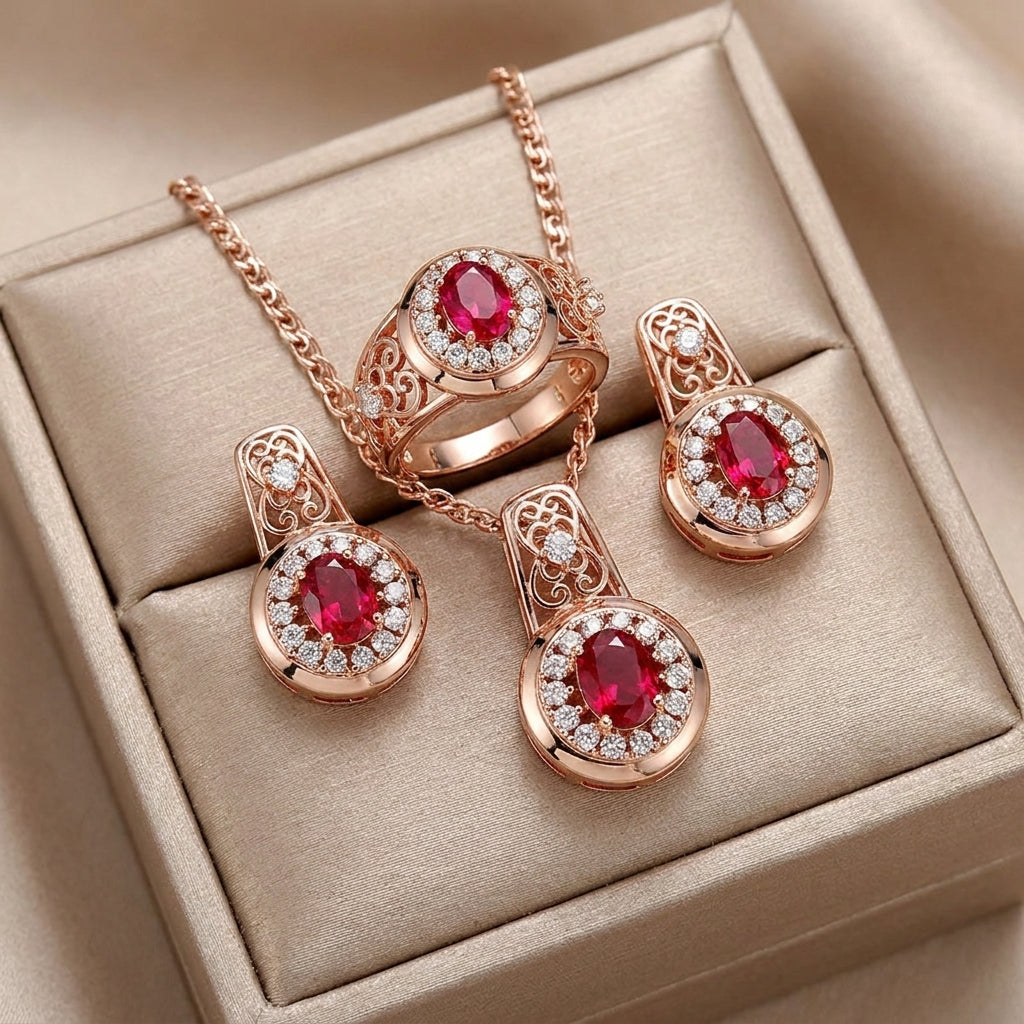 Schmuckset in Roségold mit ovalem rotem Zirkon – Ring, Ohrringe und Halskette