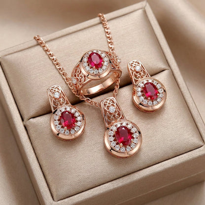Schmuckset Ovaler Roter Zirkon Roségold