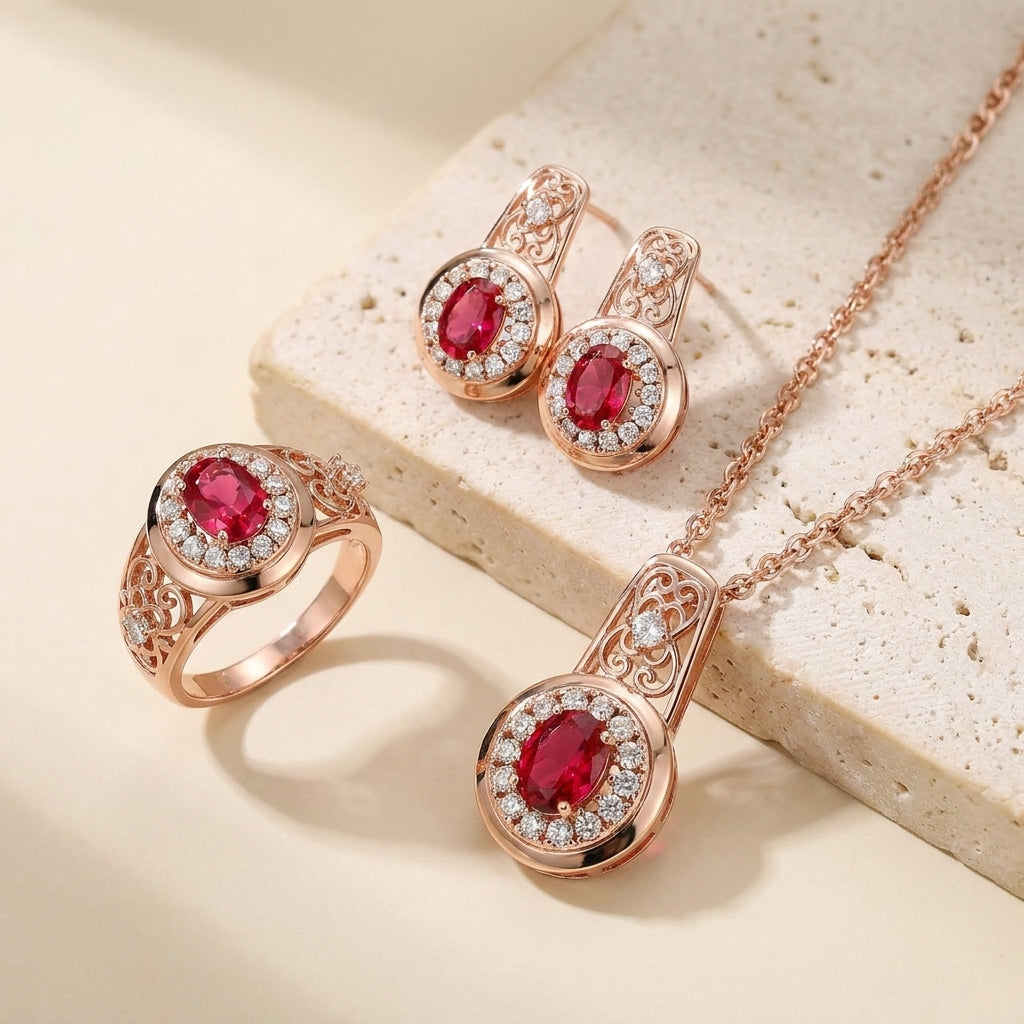 Schmuckset Ovaler Roter Zirkon Roségold