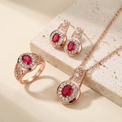 Schmuckset Ovaler Roter Zirkon Roségold