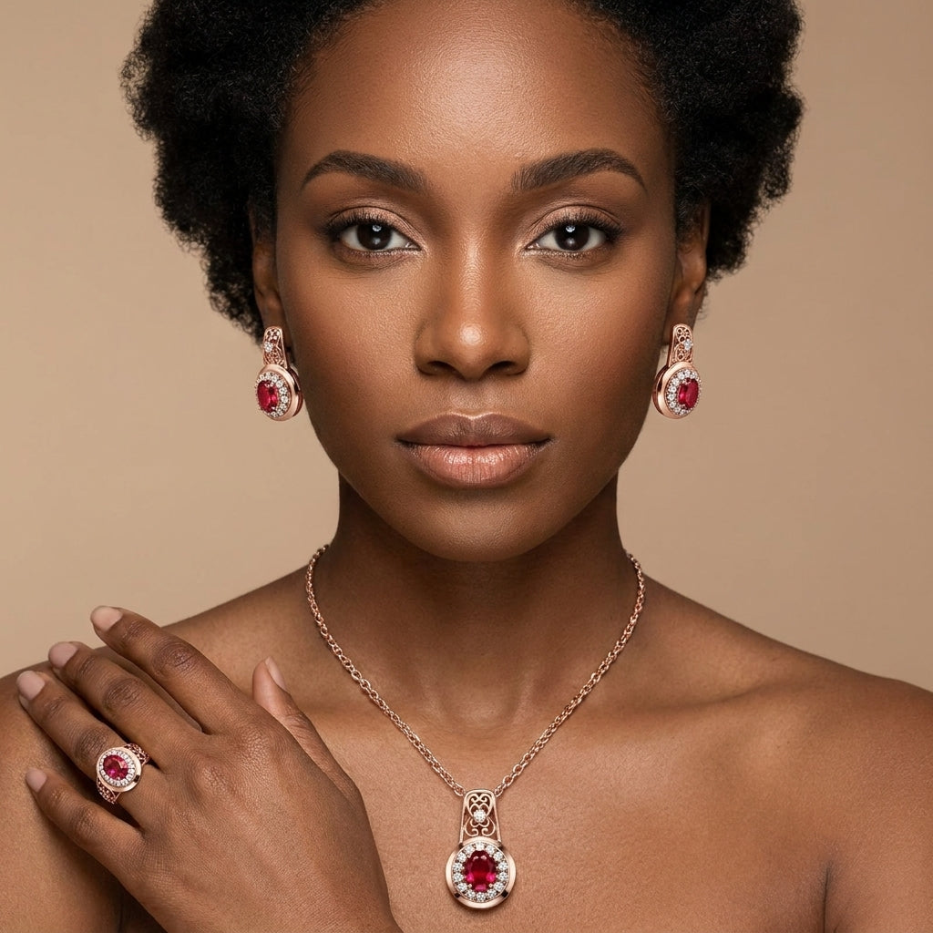 Schmuckset Ovaler Roter Zirkon Roségold – Ring, Ohrringe & Kette