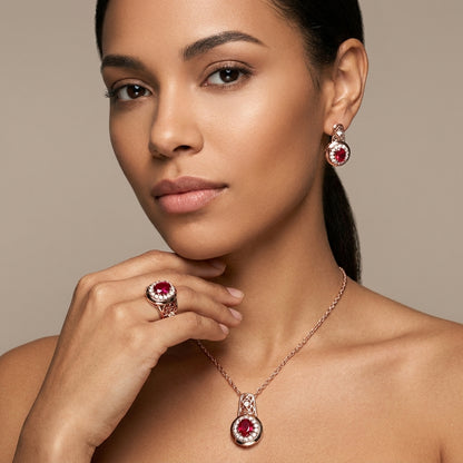 Schmuckset Ovaler Roter Zirkon Roségold – Ring, Ohrringe & Kette