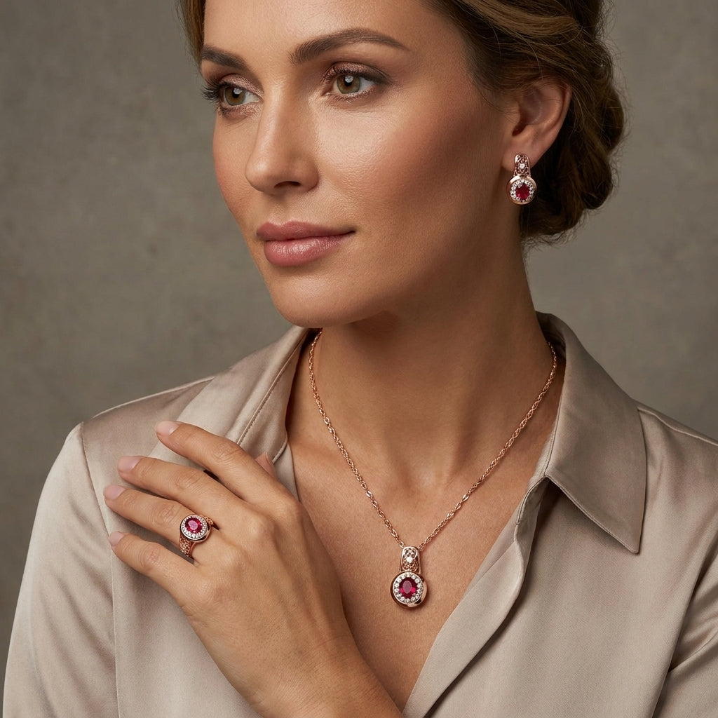 Schmuckset Ovaler Roter Zirkon Roségold – Ring, Ohrringe & Kette