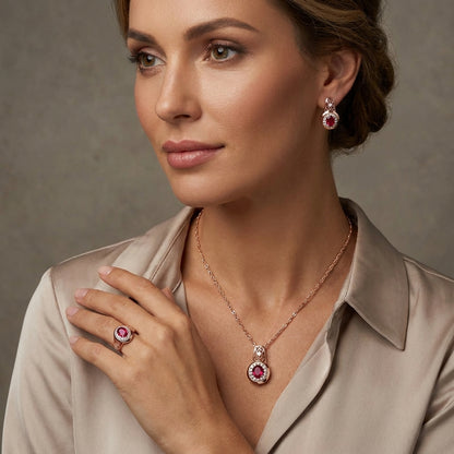 Schmuckset Ovaler Roter Zirkon Roségold – Ring, Ohrringe & Kette