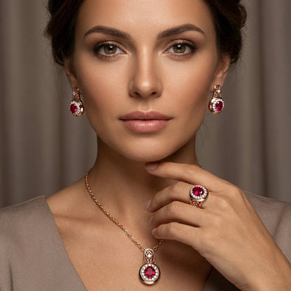 Schmuckset Ovaler Roter Zirkon Roségold – Ring, Ohrringe & Kette