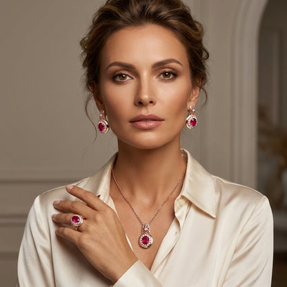 Schmuckset Ovaler Roter Zirkon Roségold – Ring, Ohrringe & Kette