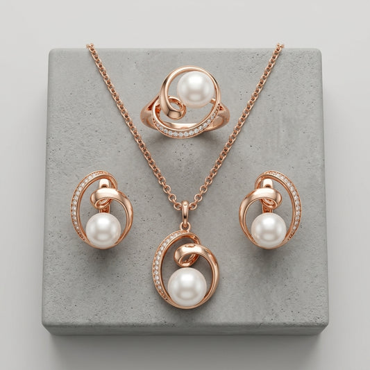Schmuckset Geometrische Perle Roségold Bridal – Ring & Kette