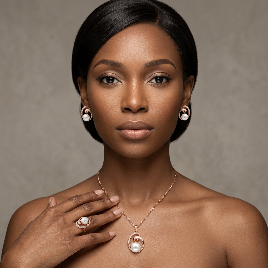 Schmuckset Geometrische Perle Roségold Bridal – Ring & Kette