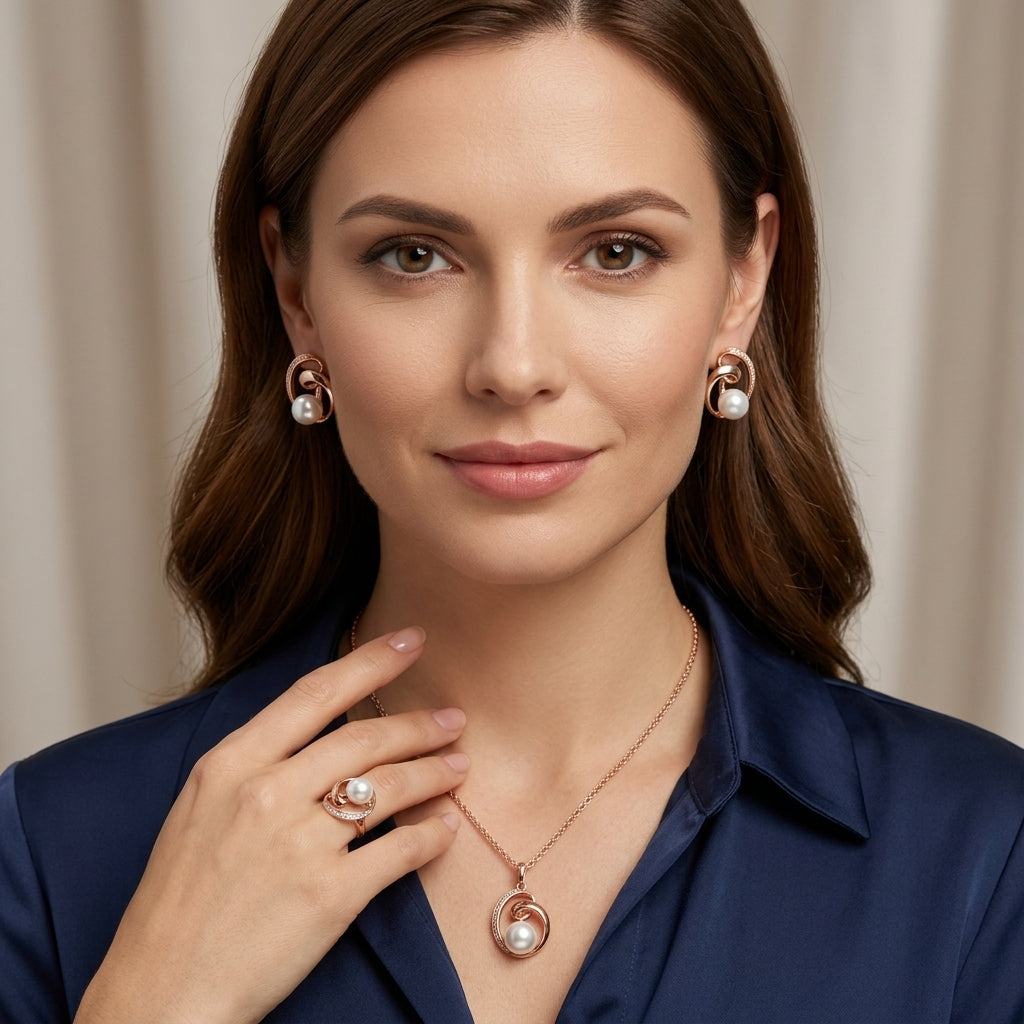 Schmuckset Geometrische Perle Roségold Bridal – Ring & Kette