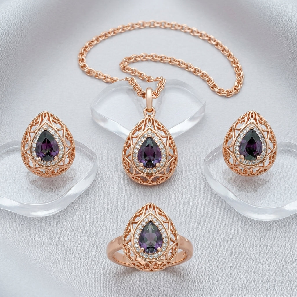Schmuckset Lila Zirkon Vintage Roségold – Ring, Ohrringe & Kette