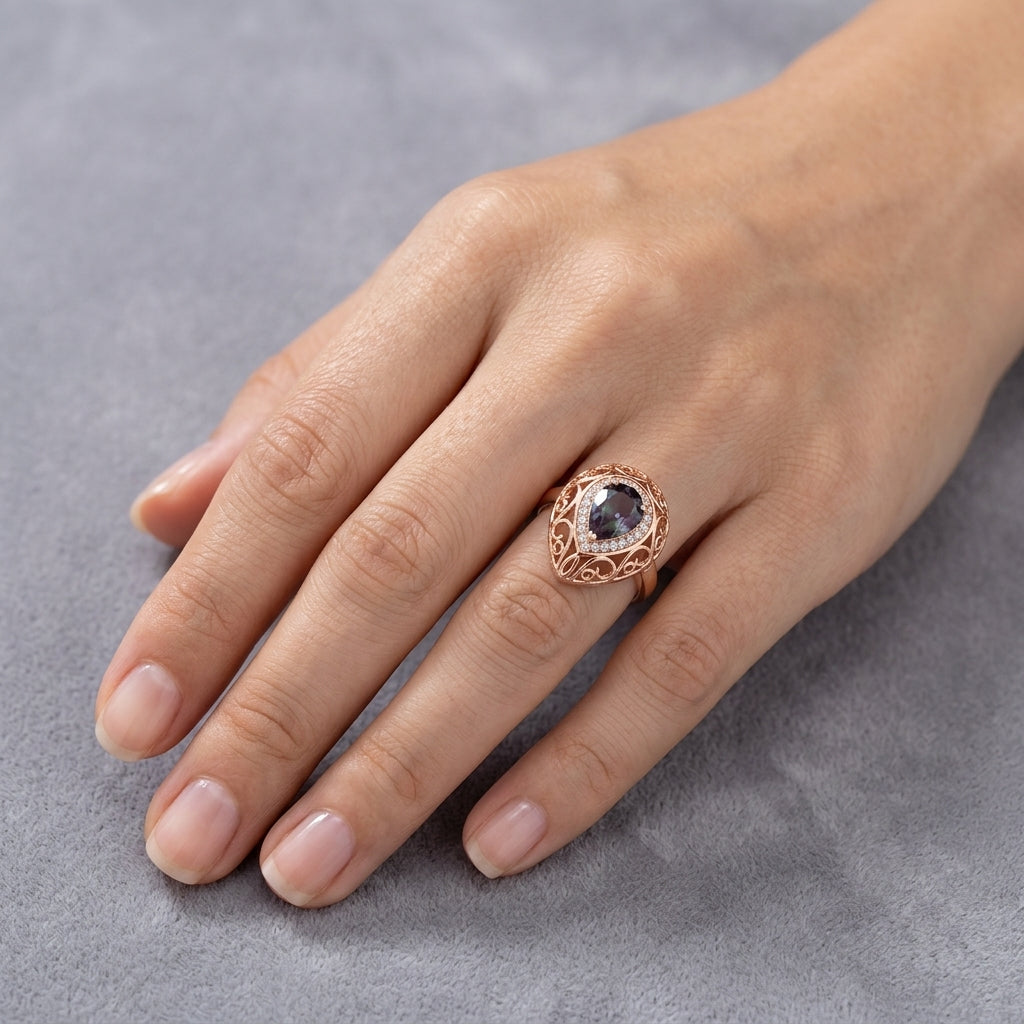 Schmuckset Lila Zirkon Vintage Roségold – Ring, Ohrringe & Kette