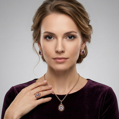Schmuckset Lila Zirkon Vintage Roségold – Ring, Ohrringe & Kette