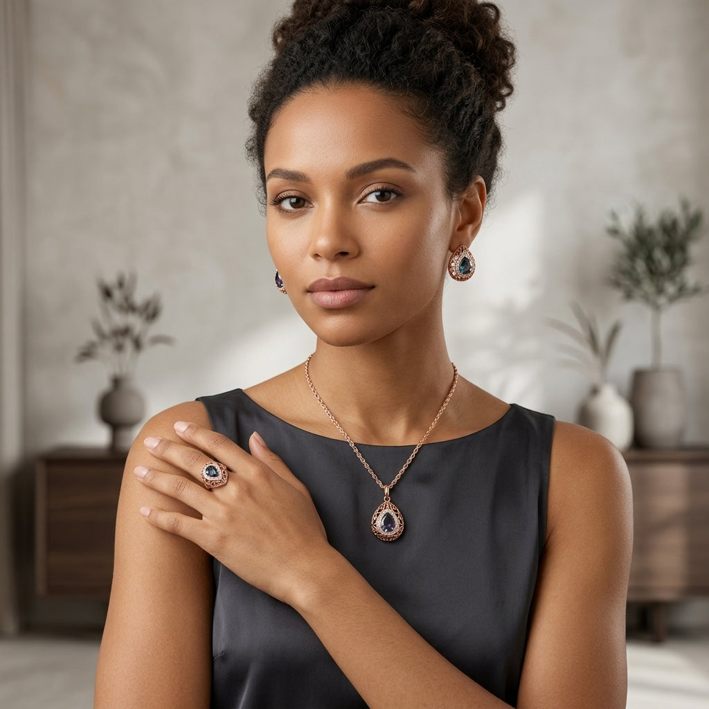 Schmuckset Lila Zirkon Vintage Roségold – Ring, Ohrringe & Kette