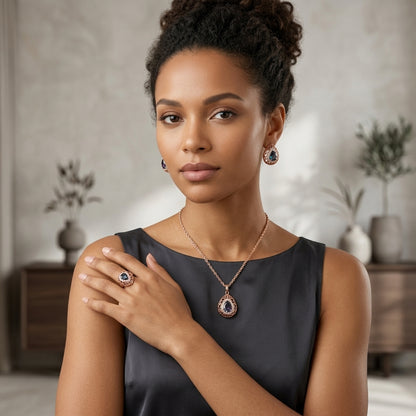 Schmuckset Lila Zirkon Vintage Roségold – Ring, Ohrringe & Kette