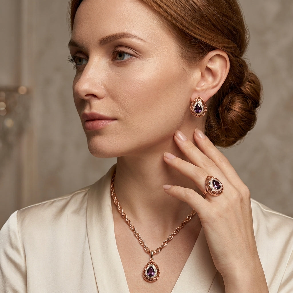 Schmuckset Lila Zirkon Vintage Roségold – Ring, Ohrringe & Kette