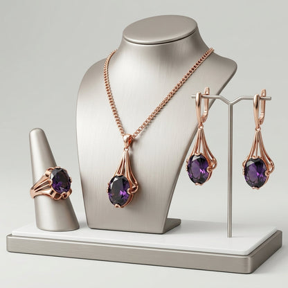 Schmuckset Großer Lila Zirkon Vintage Roségold