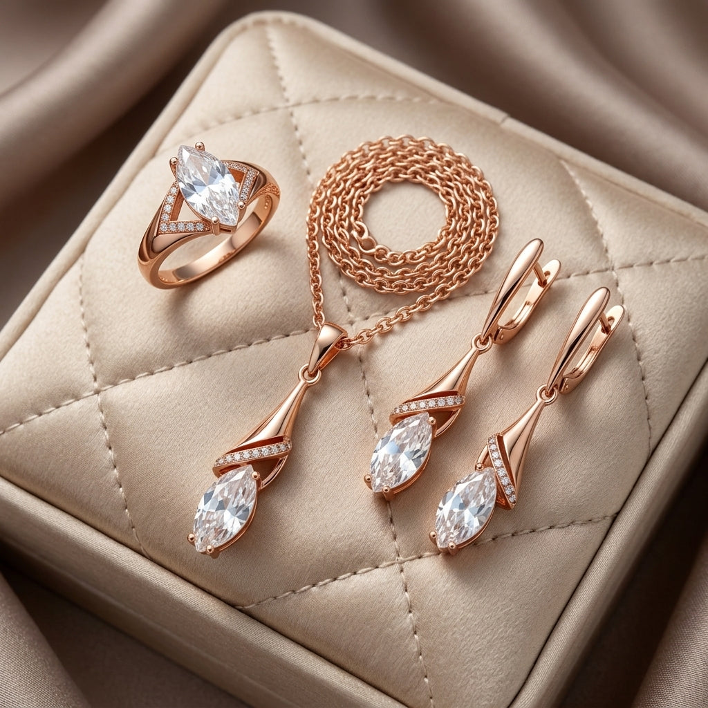 Schmuckset Weißer Zirkon Rhombus Roségold