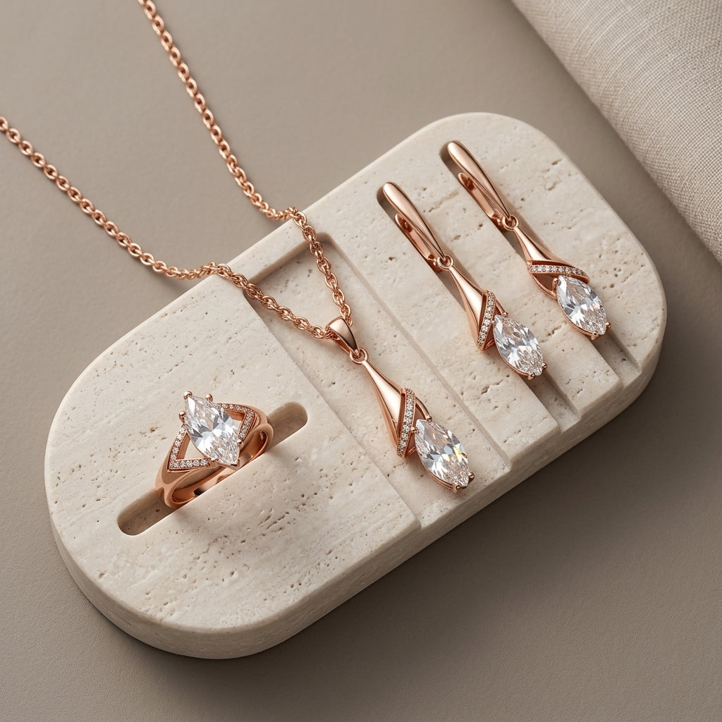 Schmuckset Weißer Zirkon Rhombus Roségold – Ring, Ohrringe & Kette