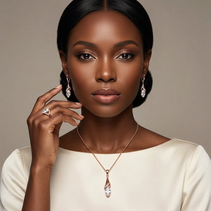 Schmuckset Weißer Zirkon Rhombus Roségold – Ring, Ohrringe & Kette
