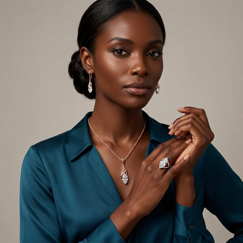 Schmuckset Weißer Zirkon Rhombus Roségold – Ring, Ohrringe & Kette