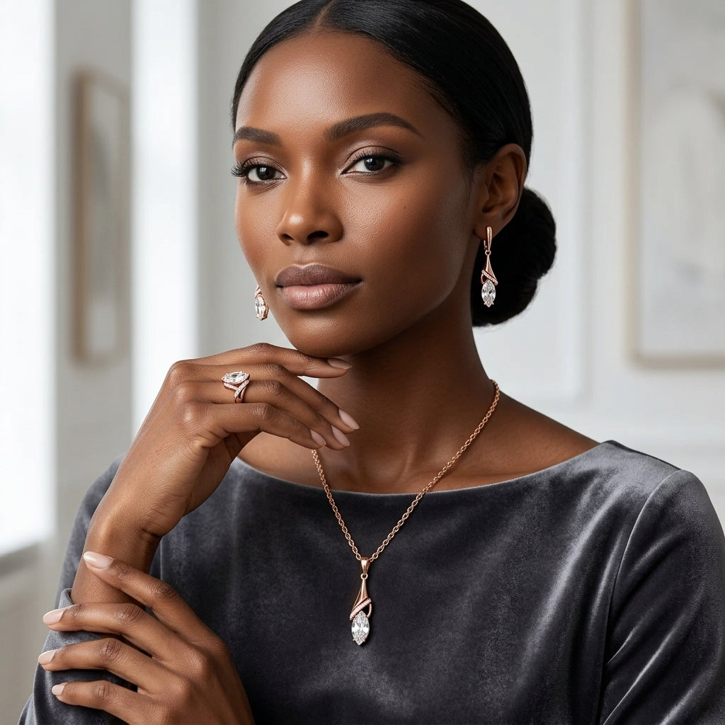 Schmuckset Weißer Zirkon Rhombus Roségold – Ring, Ohrringe & Kette