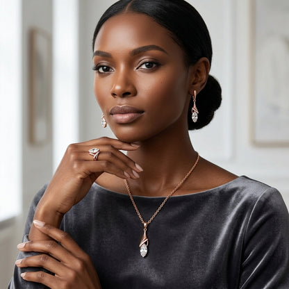 Schmuckset Weißer Zirkon Rhombus Roségold – Ring, Ohrringe & Kette