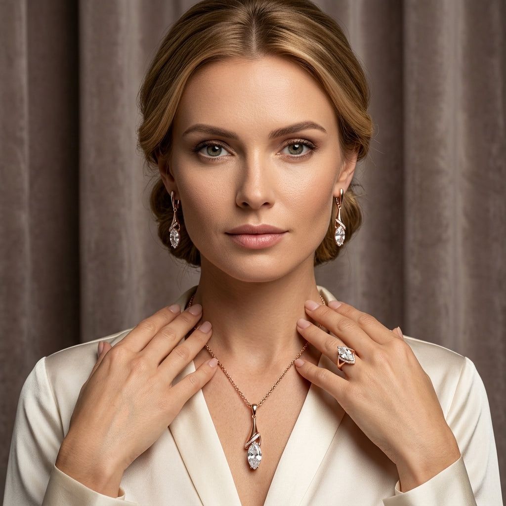 Schmuckset Weißer Zirkon Rhombus Roségold – Ring, Ohrringe & Kette