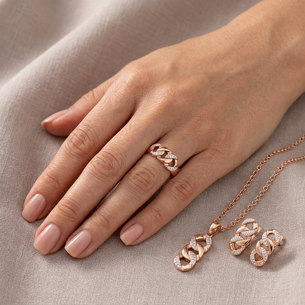 Schmuckset Hohlmuster Zirkon Braut Roségold – Ring & Kette