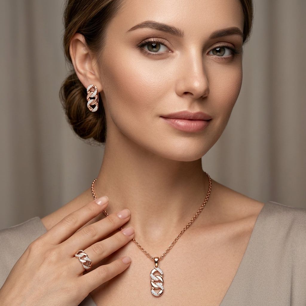 Schmuckset Hohlmuster Zirkon Braut Roségold – Ring & Kette