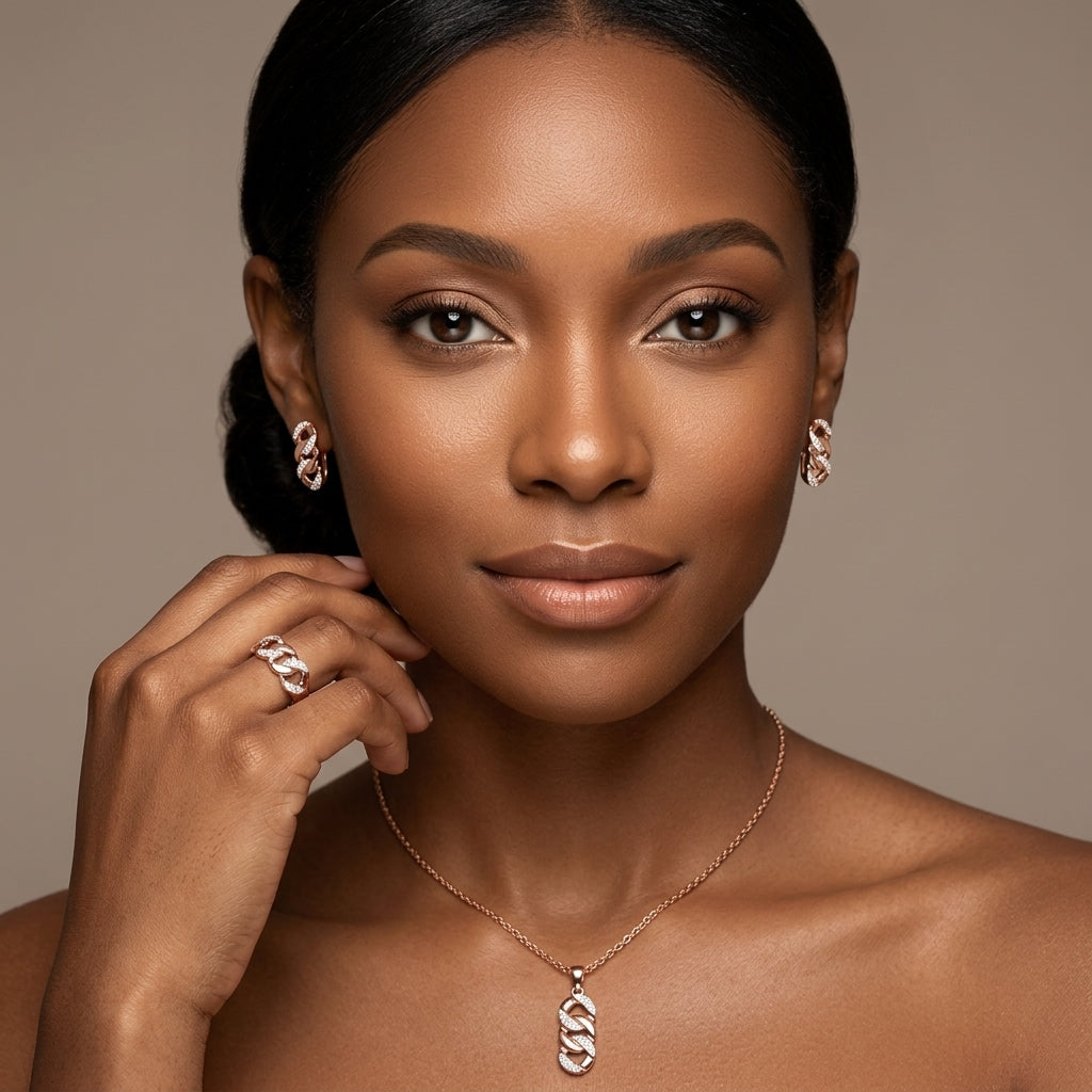 Schmuckset Hohlmuster Zirkon Braut Roségold – Ring & Kette