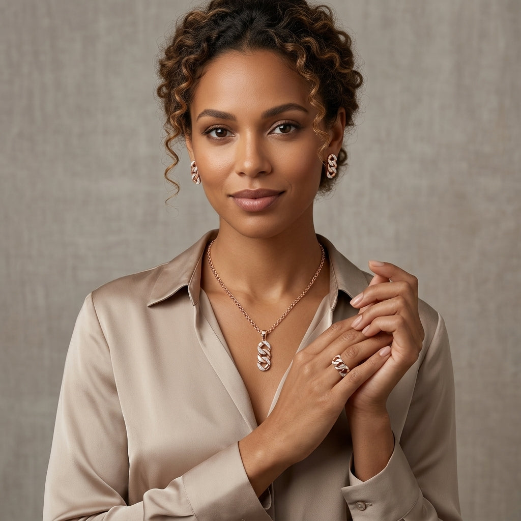 Schmuckset Hohlmuster Zirkon Braut Roségold – Ring & Kette