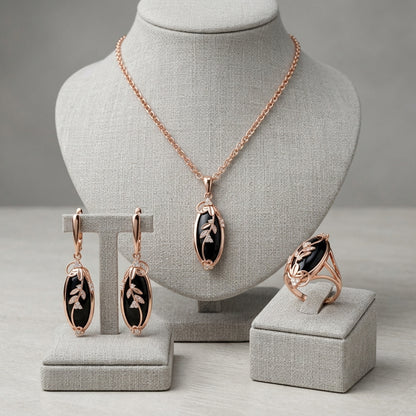Schmuckset Großer Schwarzer Stein Ethno Roségold – Ring & Kette