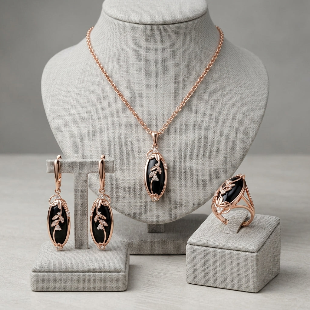 Schmuckset Großer Schwarzer Stein Ethno Roségold
