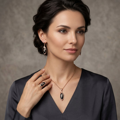 Schmuckset Großer Schwarzer Stein Ethno Roségold – Ring & Kette