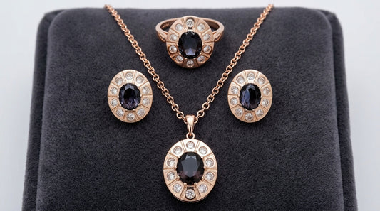 Schmuckset Lila Zirkon Blüte Vintage Roségold – Ring & Kette