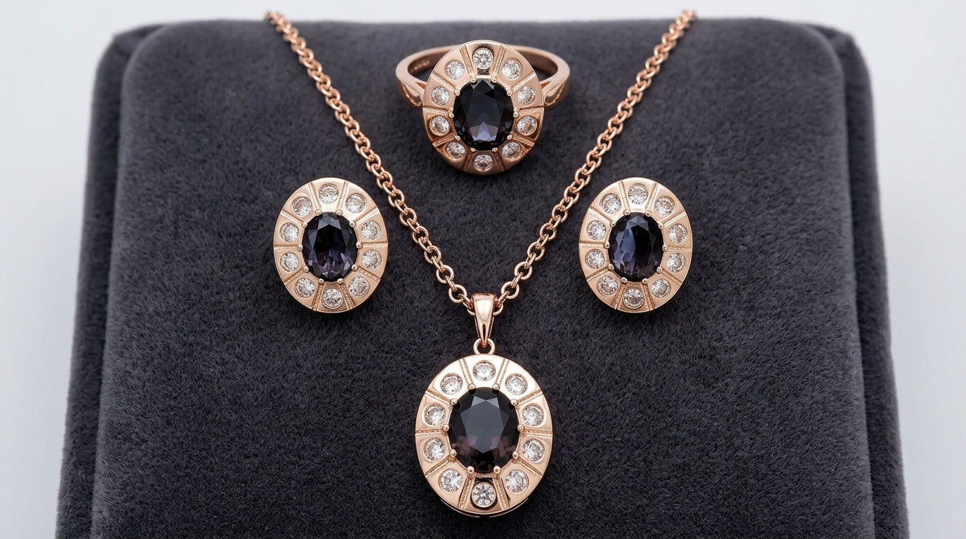 Schmuckset Lila Zirkon Blüte Vintage Roségold