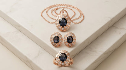 Schmuckset Lila Zirkon Blüte Vintage Roségold – Ring & Kette